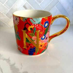 Anthropologie Rifle Paper Co Monogram N Initial Coffee Mug New Floral Garden Cup